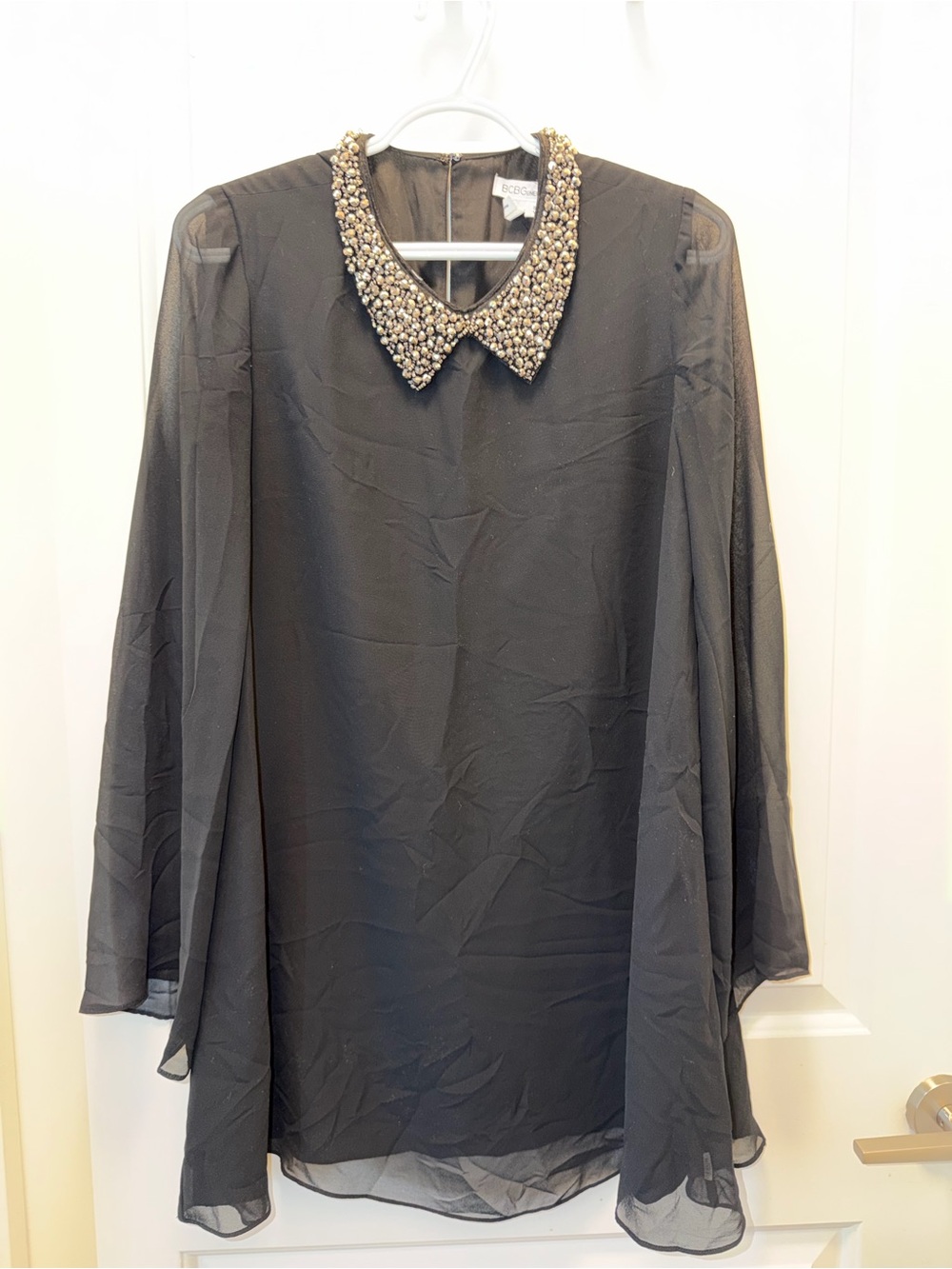 BCBGeneration Black Sheer Long-Sleeve Dress with Beaded Collar